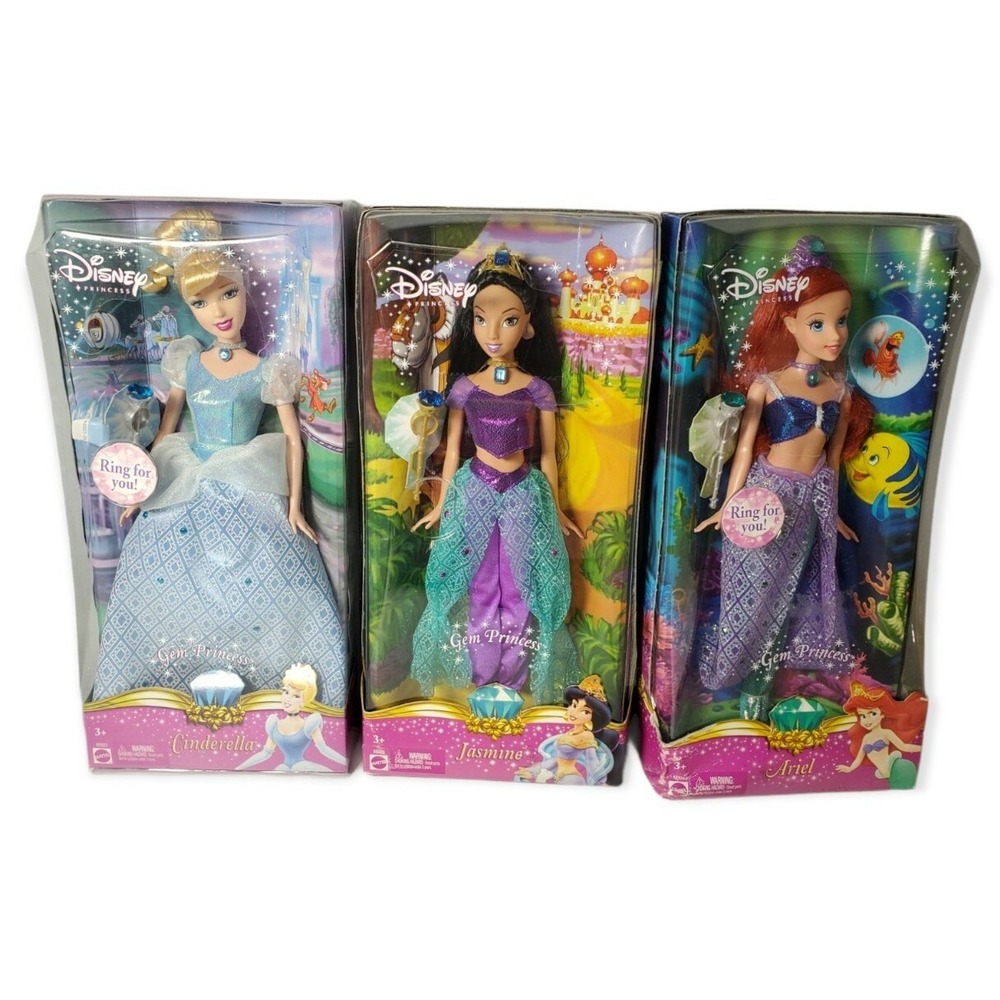Lot 3 Disney Gem‎ Princess Dolls Ariel Cinderella Jasmine NEW Mattel
